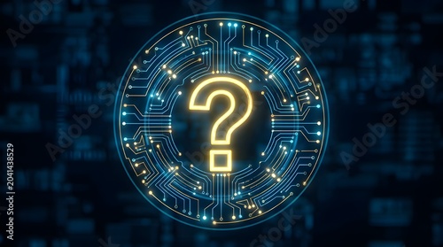 Digital question mark glowing in futuristic cyber network with binary code background