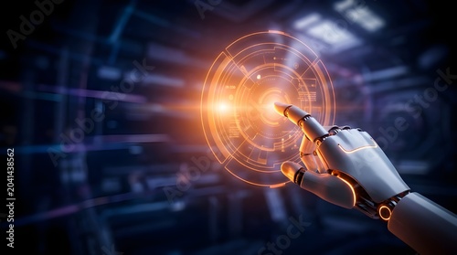 Digital magnifying glass inspecting glowing data network in futuristic cyber space