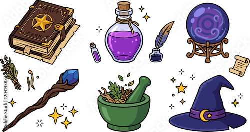 Foto Magic and Witchcraft Vector Element Set Featuring Spellbook Potion Bottle Crysta