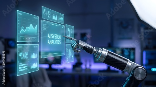 Hand holding futuristic digital tablet with holographic data charts and graphs in dark tech office