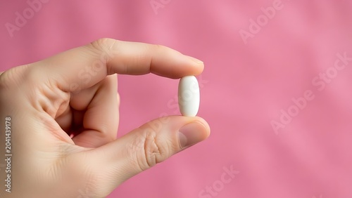 Hand holding a white pill against a pink background.