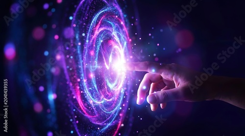 Finger touching glowing energy vortex portraying space and time with technology abstract dimension exploration mystical