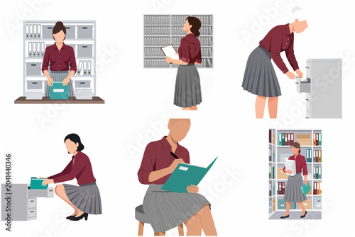 Foto Set of flat illustrations featuring a female office worker or archivist managing files, documents, and folders in a storage room
