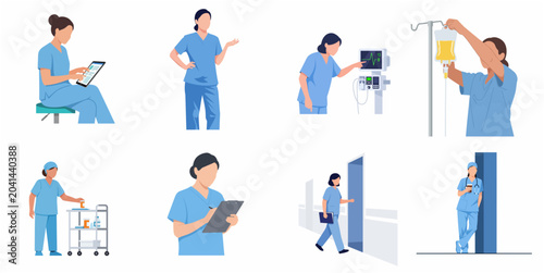 Female Nurse Character Set in Blue Scrubs Performing Medical Duties, Clinical Tasks, and Patient Care in Hospital Setting Flat Illustration