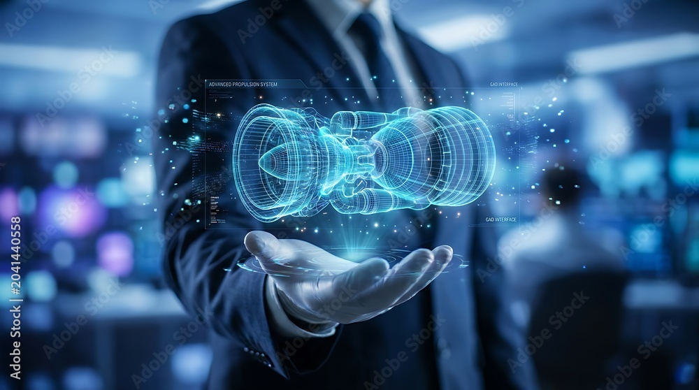 Fototapeta premium Engineer Presenting Holographic Blueprint of Advanced Jet Engine Turbine with Futuristic CAD Interface and Data Visualization