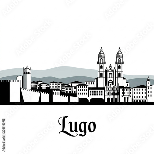 Bild auf Leinwand Lugo Skyline Silhouette — A Roman Walled Heritage Hill City in Spain Vector Illu