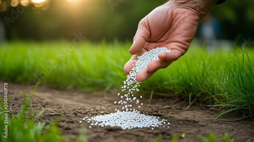 Hand spreading fertilizer granules on green grass for healthy lawn growth