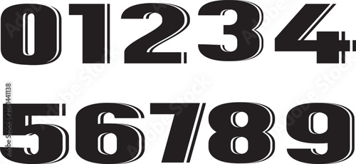 Bold retro-style numbers 0–9 with layered shadow effect. Vintage typography vector set in EPS format, ideal for logos, posters, branding, headlines, and graphic design projects