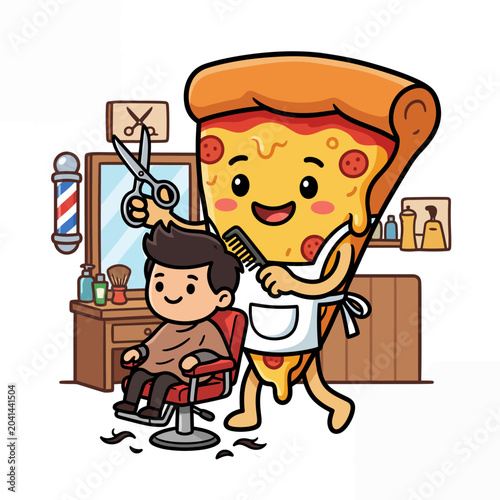 A smiling pizza character cutting a boy's hair in a barber shop chair