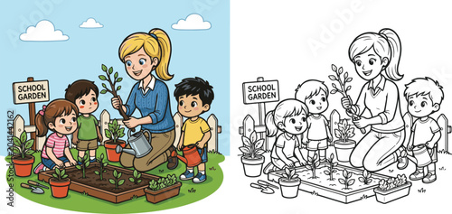 Teacher teaching students grafting  educational cartoon print illustration vector clipart and line art colouring book for kids drawn hand drawn.