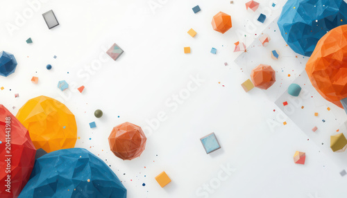 Vibrant 3d colorful geometric shapes scattered on white background with confetti