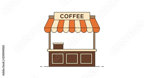 Cartoon coffee shop kiosk with striped awning, isolated