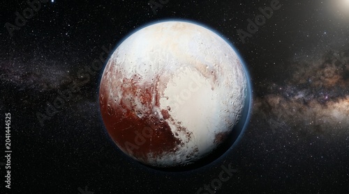 Pluto planet in deep space with reddish brown and white surface against starry background © Sadia