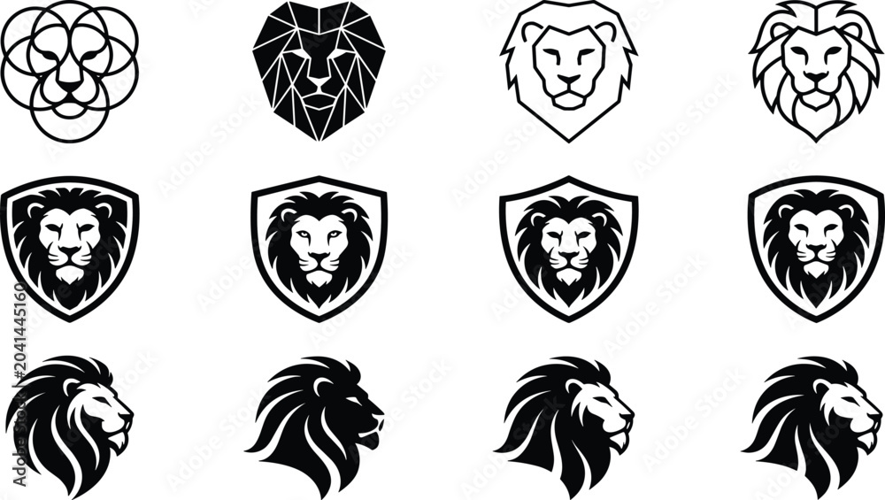 Fototapeta premium Black and White Lion Head Logo Set with Shield Geometric Side Profile and Line Art Style Designs