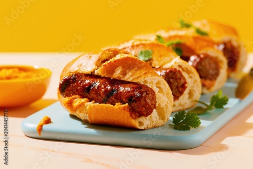Grilled choripan sandwiches in a row on a wooden board for Latin American restaurant menu, street food catering and culinary blogging with copy space on yellow background
