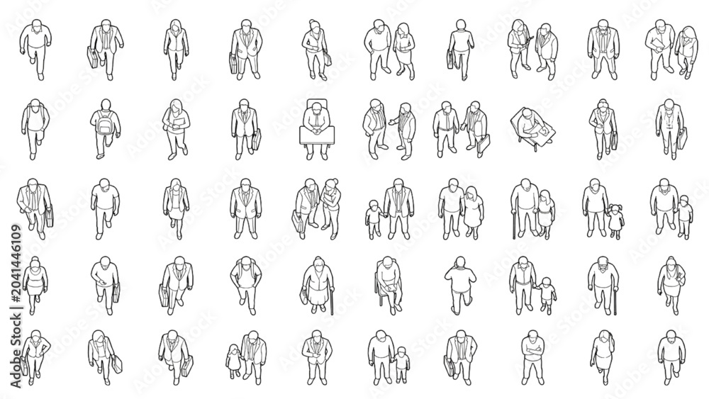 Obraz premium Top View Human Figure CAD Style Reference Set with Walking and Standing People Symbols