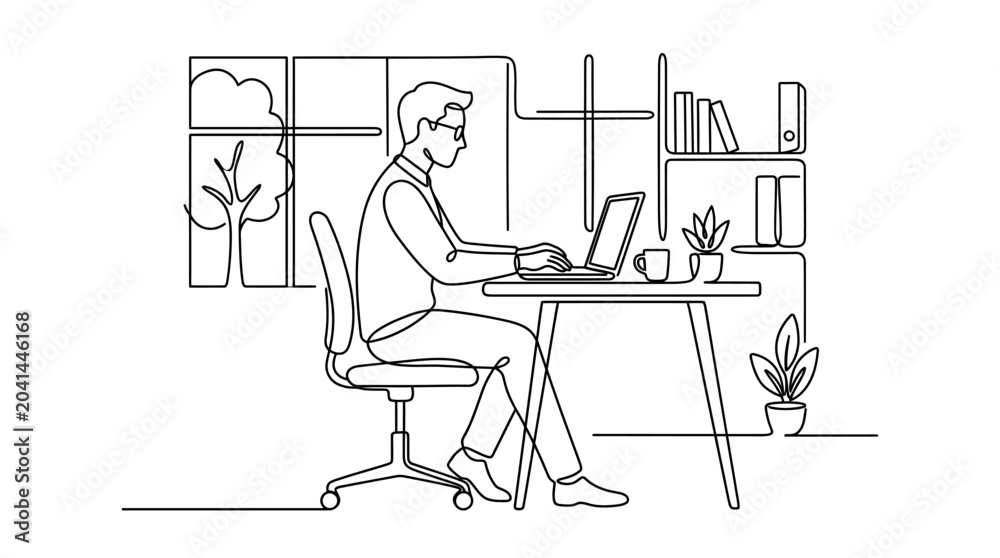Fototapeta premium Man working on laptop at desk in minimalist office, line art illustration.