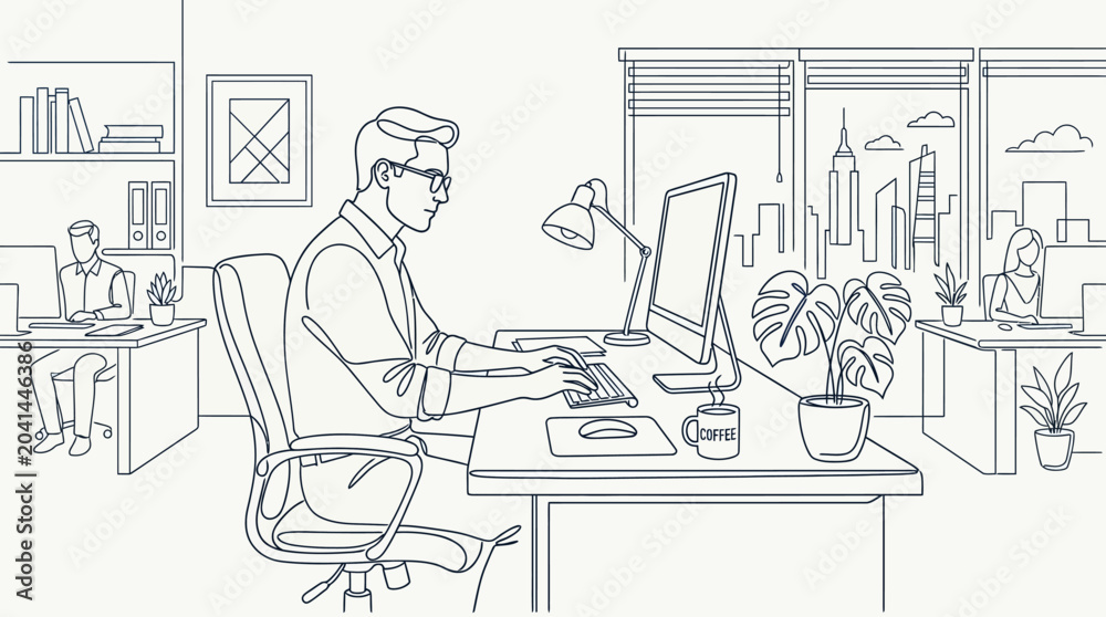 Fototapeta premium Office Worker at Desk: Modern Workspace Illustration