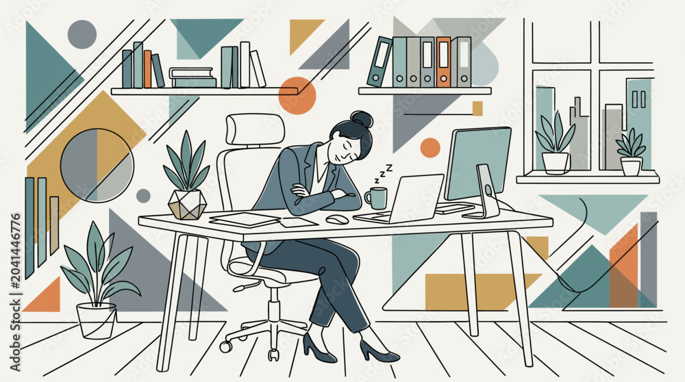 Fototapeta premium Tired businesswoman sleeping at desk in modern office illustration