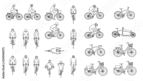 Bicycle and Cyclist Multi Perspective Outline Set with Front Side and Top CAD Figures
