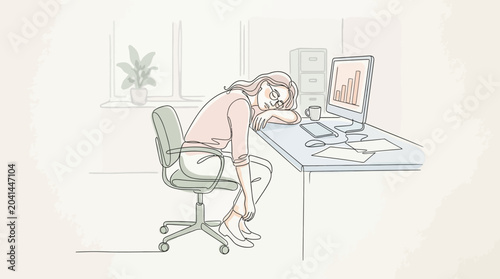 Tired woman sleeping at desk, burnout, exhaustion, office work, illustration
