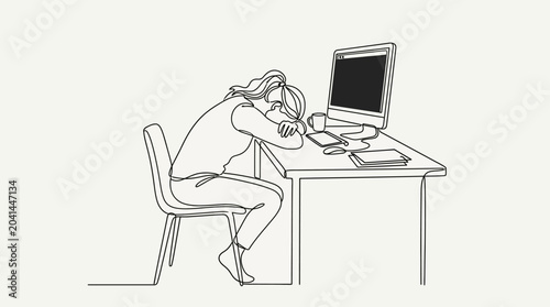 Tired Woman Sleeping on Desk at Computer, Exhausted Worker, Burnout Concept