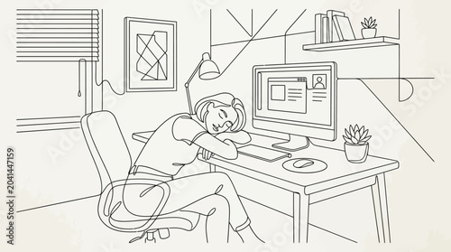 Tired woman sleeping at desk, office, line art illustration