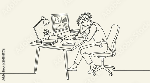 Tired woman working at desk with computer, line art illustration