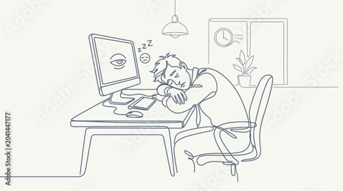Tired worker sleeping at the office desk with computer