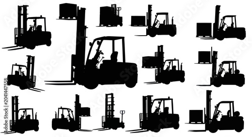 Billede på lærred Silhouettes of industrial forklifts machinery.