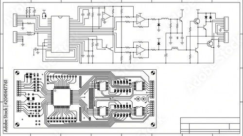 Obraz na płótnie Detailed electronic circuit schematic diagram and pcb layout design for engineering and technology applications