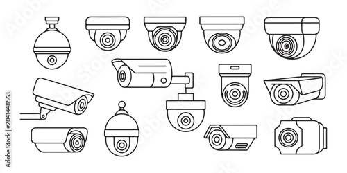 Collection of outline security camera icons for surveillance and monitoring on transparent background.