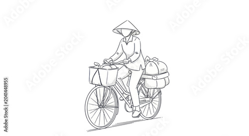 Fotografi Woman wearing a conical hat riding a bicycle with baskets full of goods