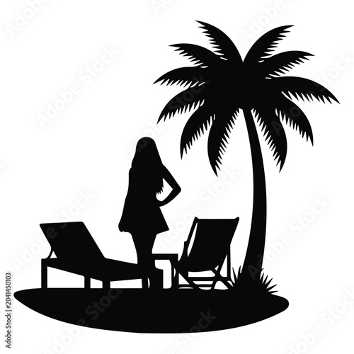 Photos Tropical island silhouette with palm tree, sun loungers, and standing woman