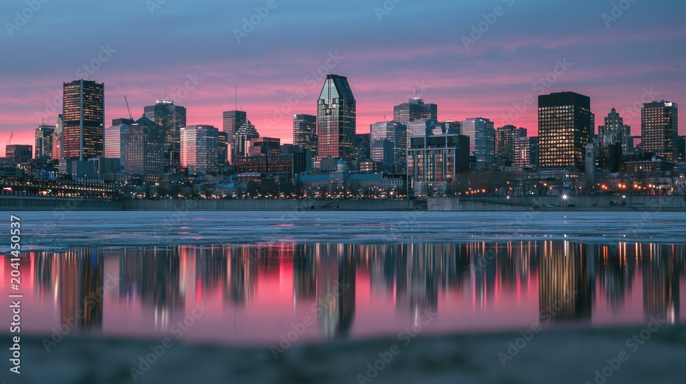 Fototapeta premium Modern urban skyline reflecting in still water at sunset for travel promotion, real estate development and corporate background with vivid purple sky at twilight