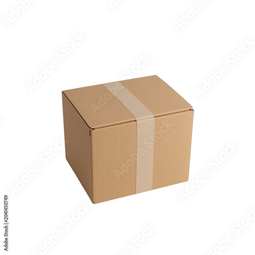A brown cardboard box with a beige packing tape on transparent background