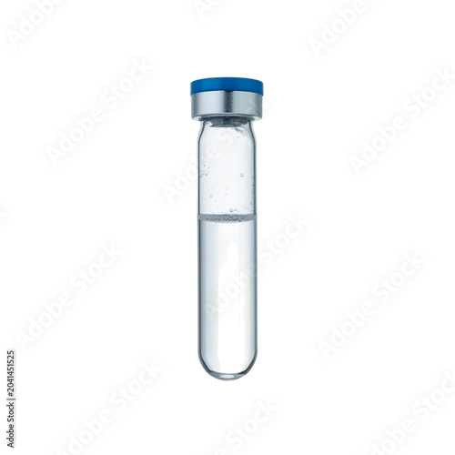 A clear glass vial with a blue cap on a transparent background