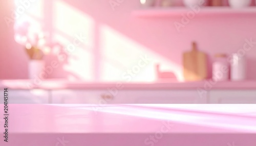 Soft Pink Kitchen Counter Illuminated by Bright Sunlight in Minimal Interior
