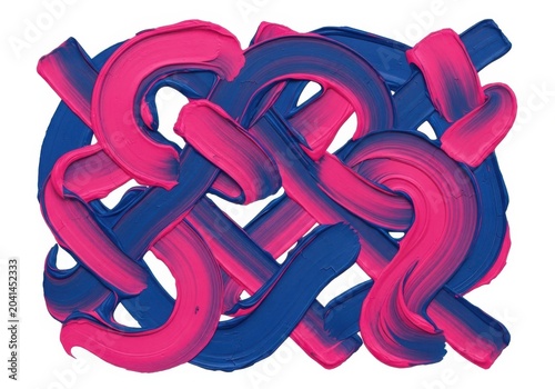 Abstract painting with thick pink and blue oil paint swirls on white