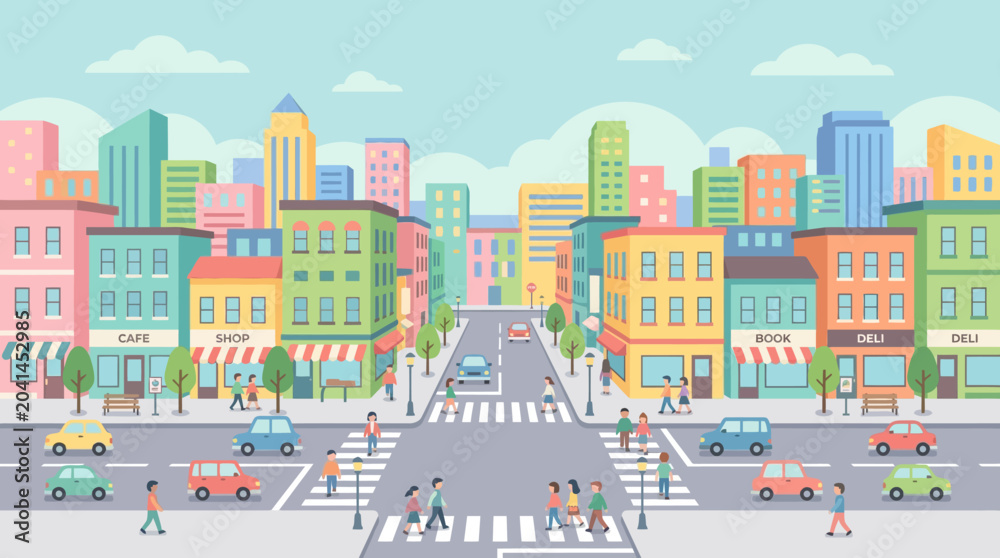 Fototapeta premium Colorful flat city street with buildings, cars, and pedestrians crossing road.