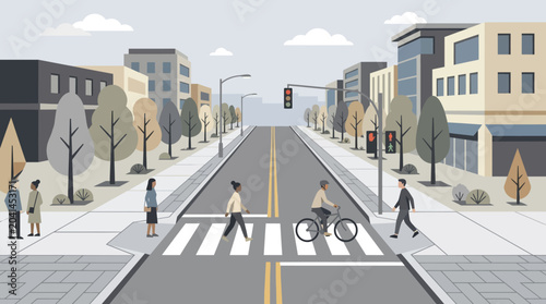 Urban Scene: People Crossing Street in Modern Cityscape