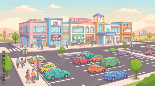 Happy Shopping Mall Scene with Colorful Cars and People in Parking Lot