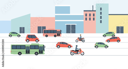 Urban traffic illustration with cars, buses, and scooters against city skyline