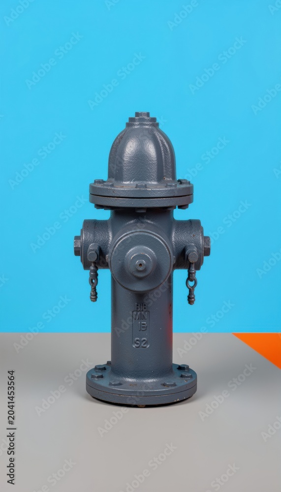 Fototapeta premium Dark grey fire hydrant standing on a grey surface against a bright blue backdrop for fire safety awareness, water infrastructure and urban utility concepts