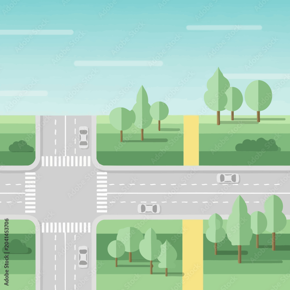 Fototapeta premium Abstract illustration of a city intersection with cars and trees