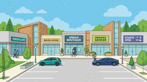 Vector illustration of a modern strip mall with shops and parking lot