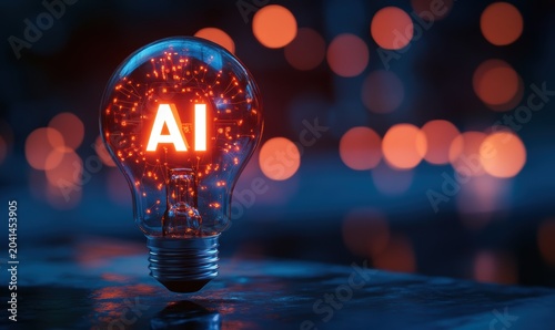 Glowing AI text inside light bulb with human hand pointing in creative technology concept