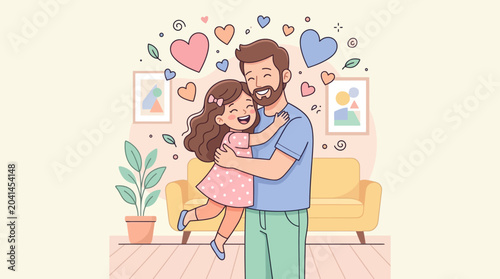Happy father and daughter embrace in colorful room