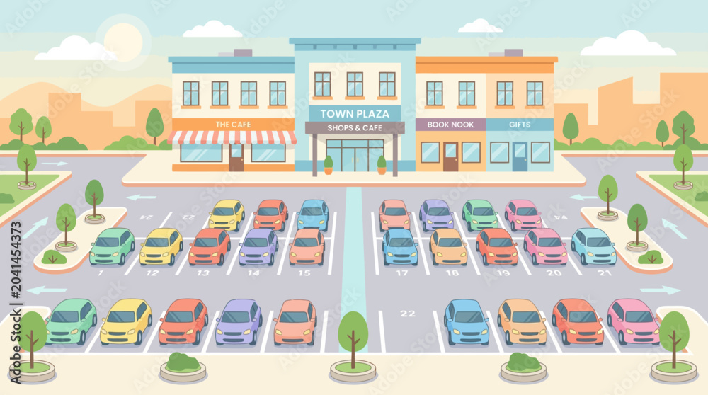 Fototapeta premium Vibrant Town Plaza Parking Lot with Colorful Cars and Shops