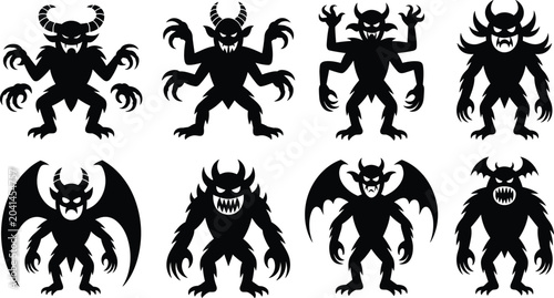 Bild auf Leinwand Silhouettes of demonic and monstrous figures with horns, claws, wings, fantasy c